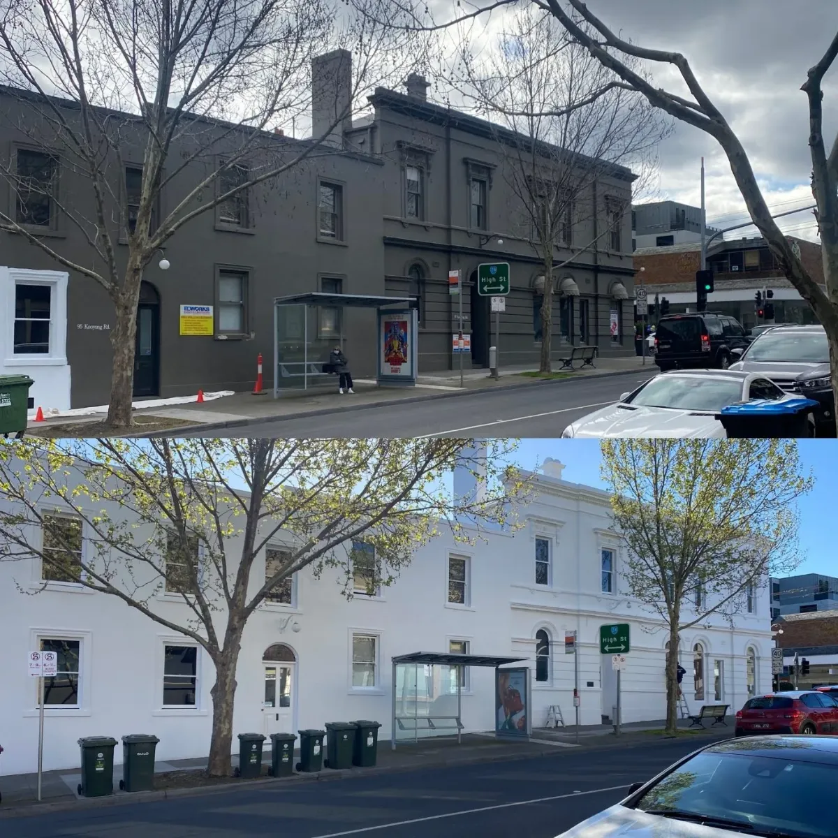 Before and after of a commercial building repaint by Jetblack Painting