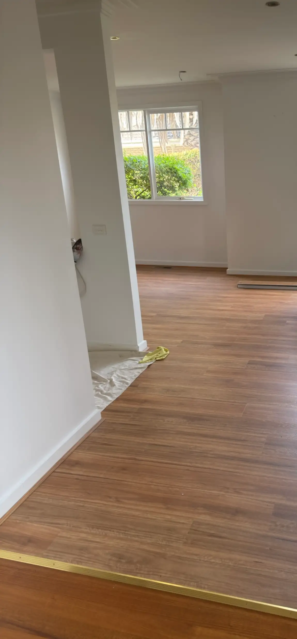 Open-plan living area in a Beaumaris home after repainting, with white walls, ceiling and skirting above a board floor, a drop sheet still down across the doorway and a window looking onto the garden