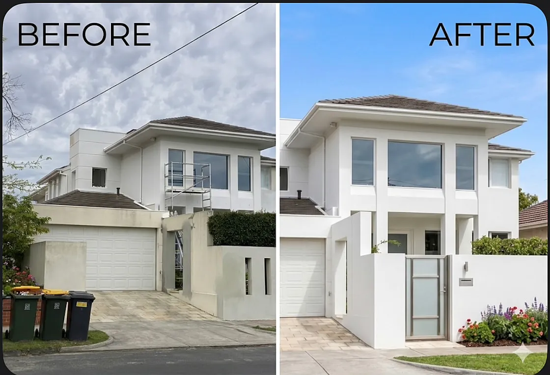 Before and after of a rendered two-storey Caulfield home exterior repainted by Jetblack Painting