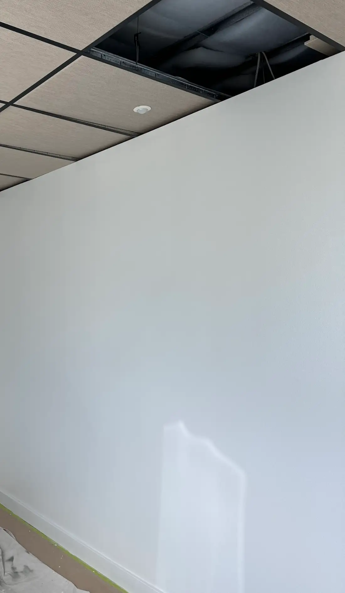 Office wall in Highett after interior painting, finished in white below a suspended acoustic ceiling grid, with the floor still sheeted and the skirting done