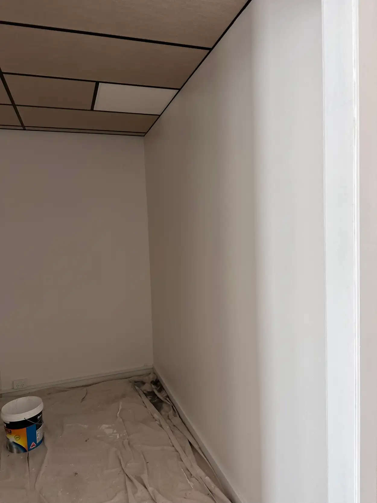 Small office in the same Highett fitout after interior painting, white walls and skirting under a suspended ceiling, with drop sheets still down