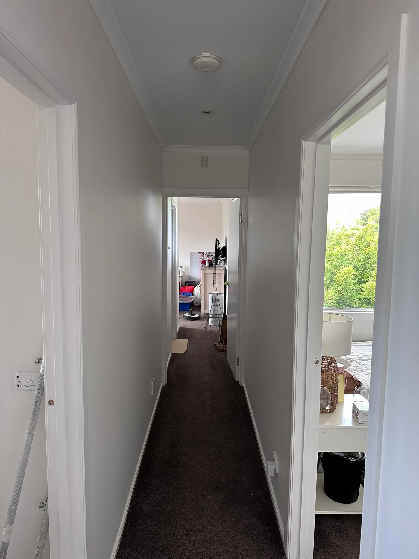 The same Sandringham hallway after repainting, walls and ceiling in a cool off-white with white trims, carpet uncovered and the house back in use