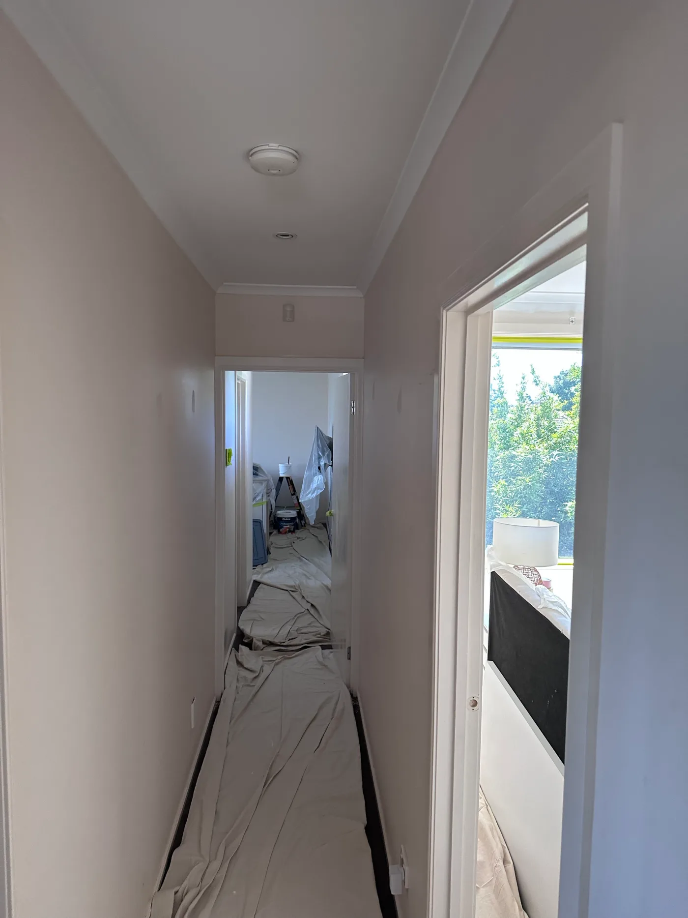 Hallway in a Sandringham home mid-repaint, floor fully covered with canvas drop sheets and a ladder and paint tins set up in the room beyond