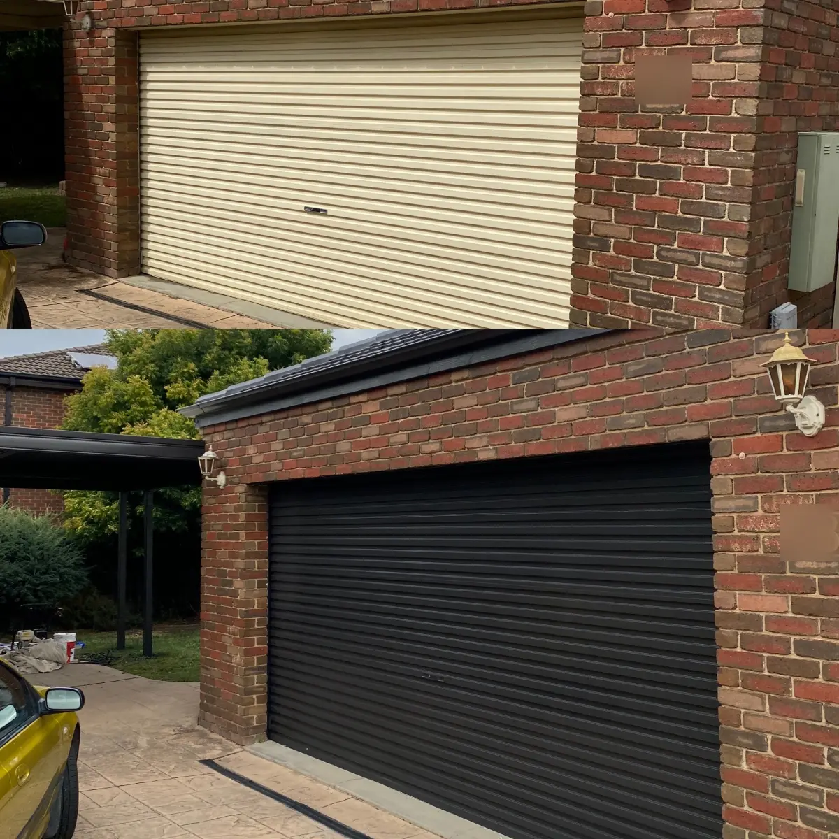Before and after of a roller garage door on a Wantirna South brick home, cream in the top half and repainted black in the bottom half, with the brick left unpainted and the pergola beside it in the same black