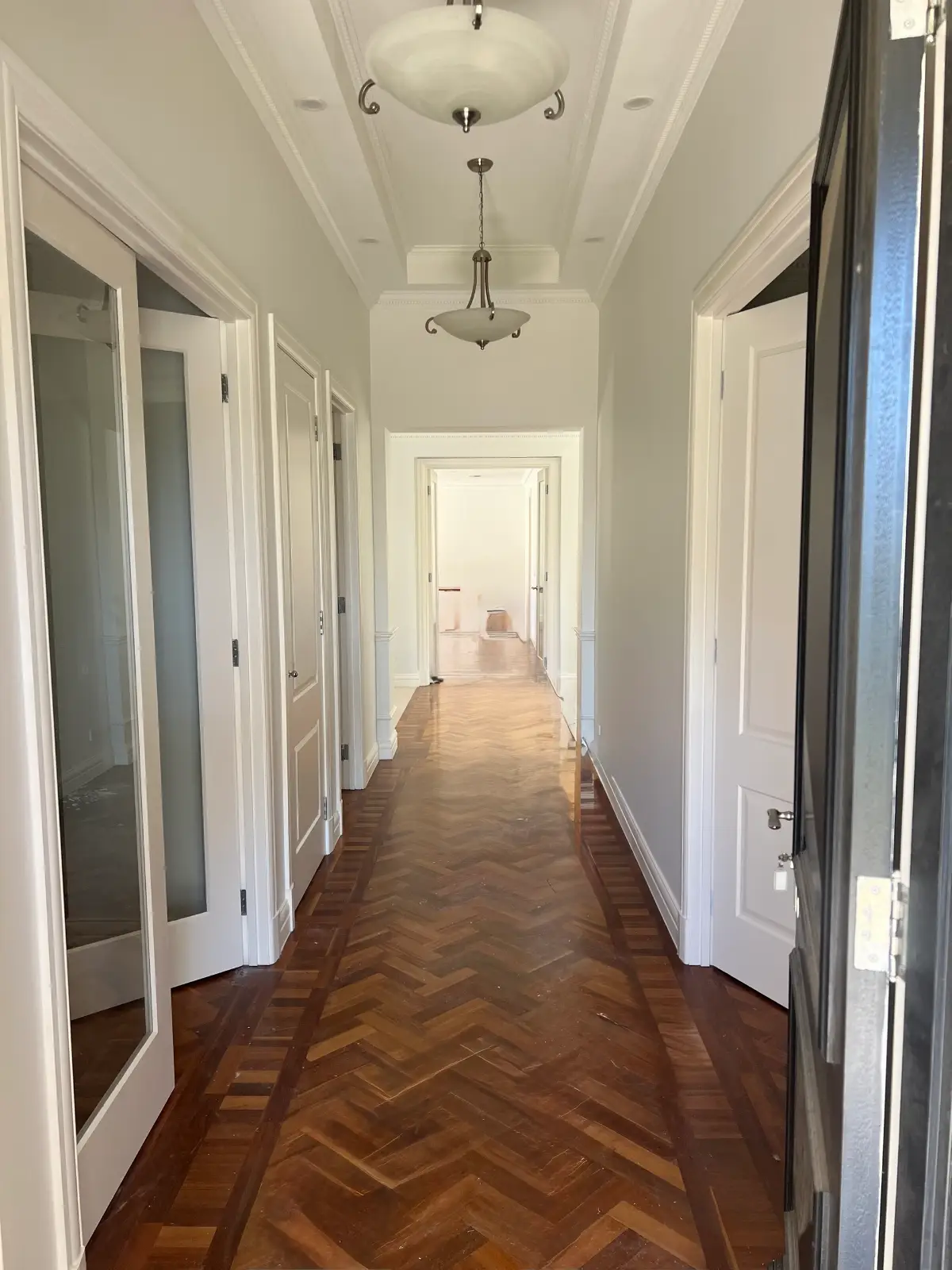 Long hallway in a Waterways home after repainting, with white doors and architraves, an ornate cornice and pendant lights above a herringbone parquet floor